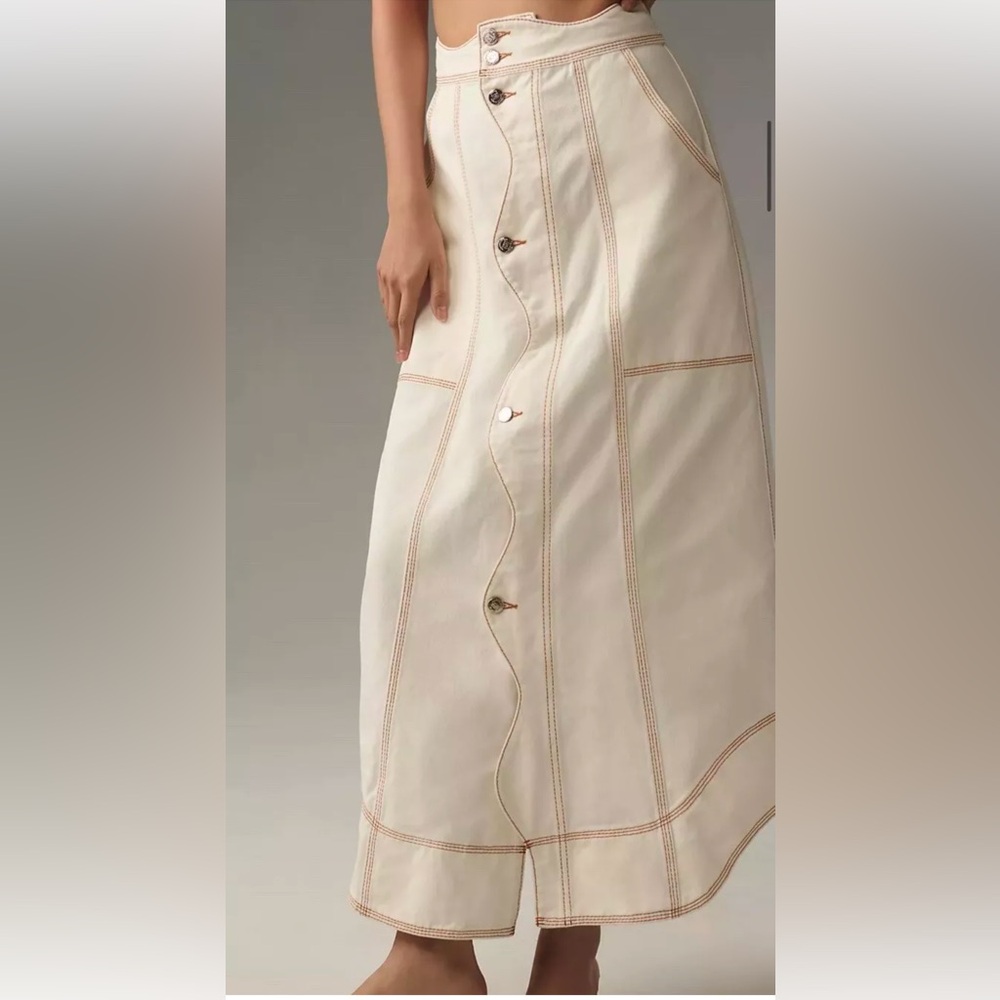 Anthropologie Farm Rio Denim Wave Maxi Skirt Button Up Side Pockets Ivory - Picture 2 of 6